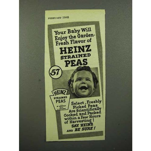 1948 Heinz Strained Peas Baby Food Ad - Flavor