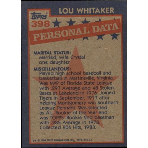 1984 Topps Lou Whitaker All Star #398