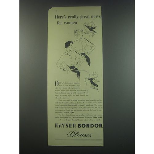 1949 Kayser Bondor Blouses Ad - Here's really great news for women