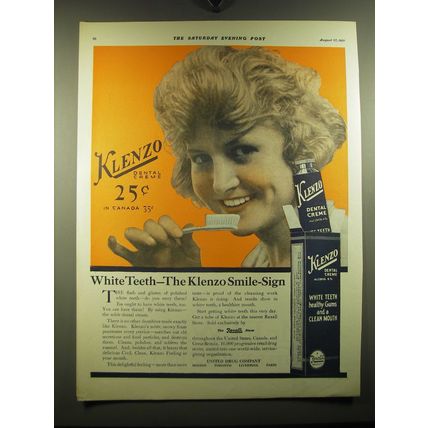 1921 Klenzo Dental Crme Ad - White teeth - The Klenzo Smile-Sign