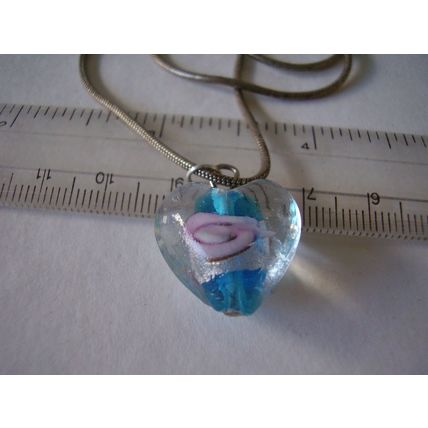 Vintage Necklace Murano Glass Heart Blue & Pink Rose Flower Pendant 19" Chain