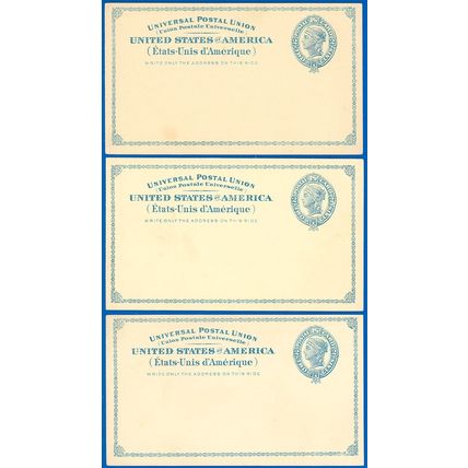 1879 Mint #UX6, Blue, LOT/3 Postal Cards Small Stains Priced Right! SCV $105.00!
