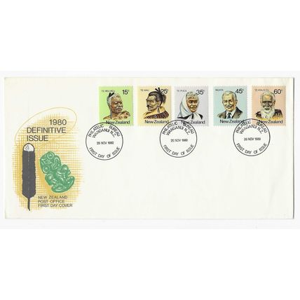 NEW ZEALAND 1980 MAORI PERSONALITIES SET OF 5 FIRST DAY COVER WANGANUI CDS