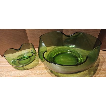 Vintage Anchor Hocking Dark Green Folded Glass Chip & Dip Bowl Set