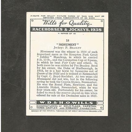 Cigarette Card Wills Racehorses and Jockeys 1938 #18 Monument