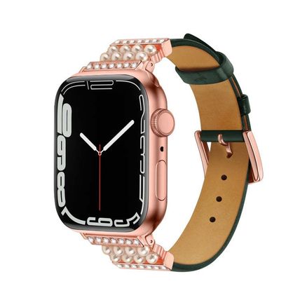Pearl Diamond Leather Watch Band For Apple Watch Series, 7 41mm / 6&SE&5&4 40mm