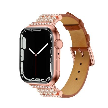 Pearl Diamond Leather Watch Band For Apple Watch Series, 7 41mm / 6&SE&5&4 40mm