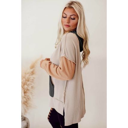 Smoke Gray Color Block High Low Textured Hoodie