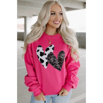 Strawberry Pink Cow & Sequin Double Heart Patch Graphic Sweatshirt