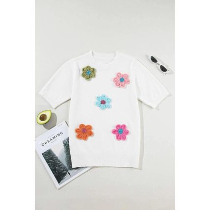 White Cute Flower Applique Short Sleeve Sweater
