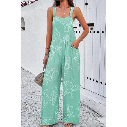 Moonlight Jade Printed Bib Wide Leg Overalls
