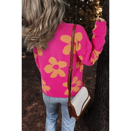 Rose Big Flower Pattern Mock Neck Long Sleeve Sweater