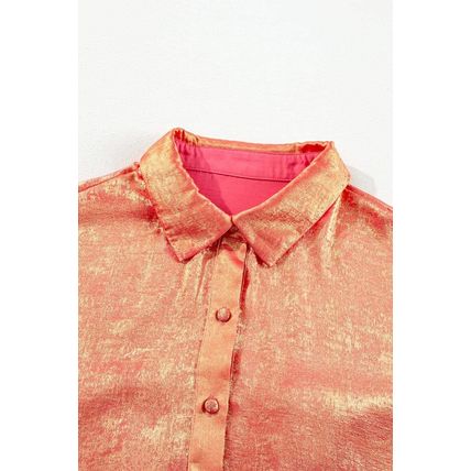 Peach Blossom Metallic Balloon Sleeve Shirt Plus Size Mini Dress