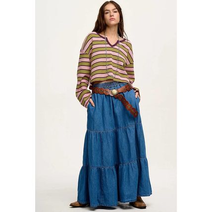 Spinach Green Clashing Stripes Waffle Texture Notched Neck Long Sleeve Top