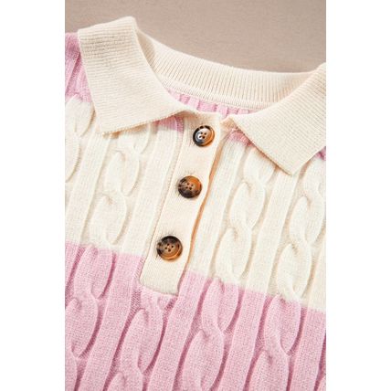 Pink Stripe Cable Knit Collared Henley Sweater