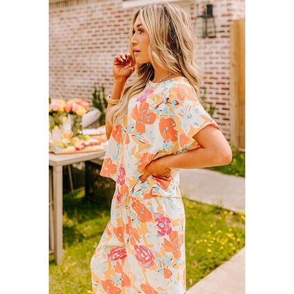 Orange Vibrant Floral Printed Short Sleeve Top 2 Piece Pants Set