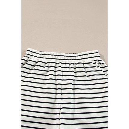 Black white Stripes Printed Half Button Long Sleeve Top and Shorts Set