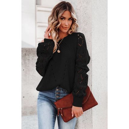 Black Hollow-out Puffy Sleeve Knit Sweater