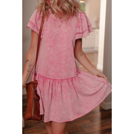 Sachet Pink Mineral Wash Raw Edge Ruffle Mini Dress