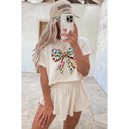 Beige Bold Leopard Bow Print Loose Tee and Skort 2pcs Set