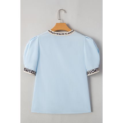Beau Blue Contrast Leopard Trim Split Neck Puff Sleeve Blouse