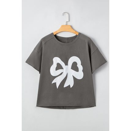 Medium Grey Lace Bow Raw Edge Drop Shoulder Casual T Shirt