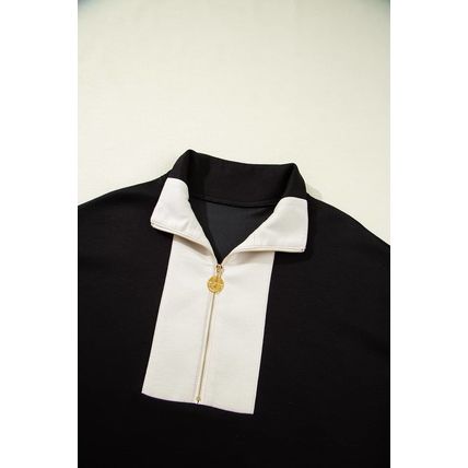 Black Contrast Zipped Stand Collared T Shirt and Short Set