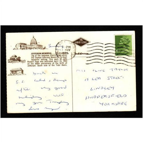 AMERICAN POSTCARD JEFFERSON MEMORIAL - THE GRAY LINE - USED 1976