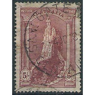Australia 1948 SG176a 5/- Claret ROBES THIN PAPER Good/Fine Used . ..