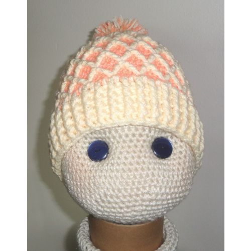 HAT girls pompom trellis design crochet peach & cream winter ski #CTH002