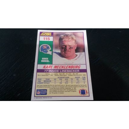 1990 Score Football Card # 115 Karl Mecklenburg Ex-Mt (6) Denver Broncos