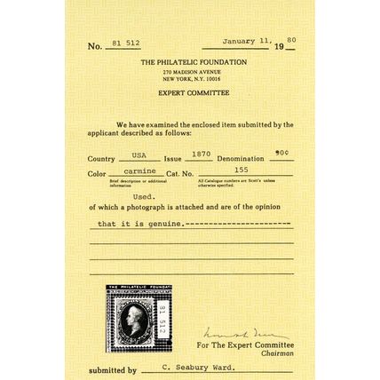 155, Used 90¢ Perry XF Premium Stamp With PFC Certificate - Stuart Katz