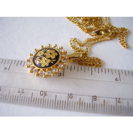 Vintage Necklace Damascene Flower Small Pendant White Crystal Surround Toledo
