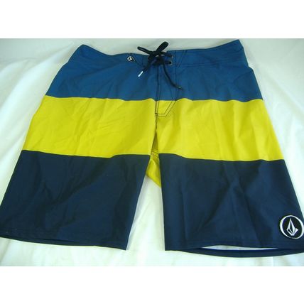 New Mens 28 VOLCOM 4 Way Stretch Board Shorts Yellow Navy Stripe $55