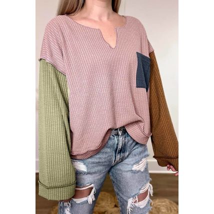 Pink Colorblock Rib Textured Loose Long Sleeve Top