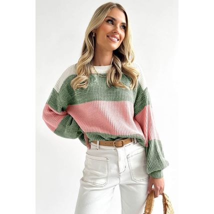 Green Colorblock Drop Shoulder Pullover Loose Sweater