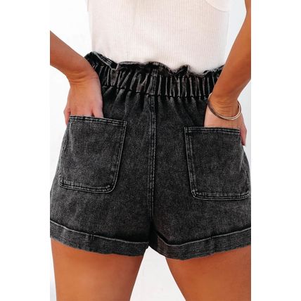 Black Vintage Washed Frilled High Waist Denim Shorts