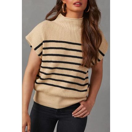 Parchment Striped Ribbed Knit High Neck Sweater