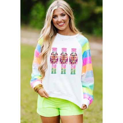 White Sequin Colorblock Sleeve Nutcracker Graphic Sweatshirt
