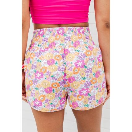 Pink Boho Floral Shirred High Waist Casual Shorts
