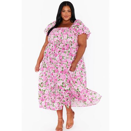 Pink Plus Size Floral Print Smocked Puff Sleeve Dress