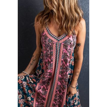 Pink Bohemian Floral Patchwork Print Long Sundress