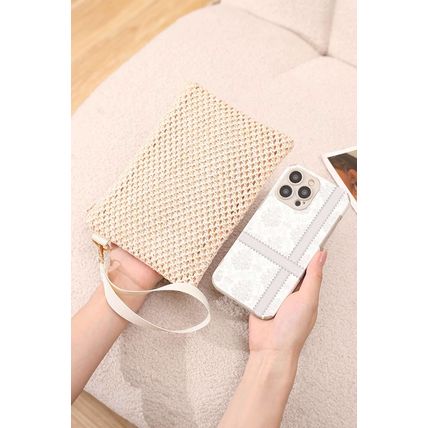 Beige Woven Zipper Wrist Strap Square Handbag