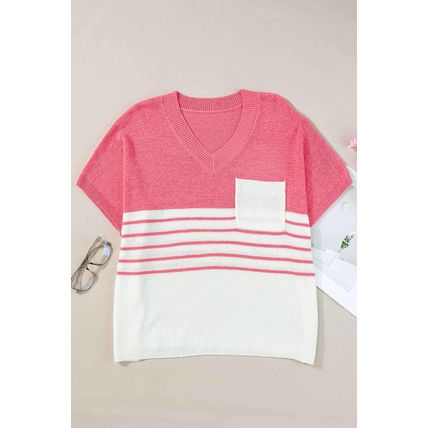 Strawberry Pink Contrast Stripes V Neck Knitted Short Sleeve Top
