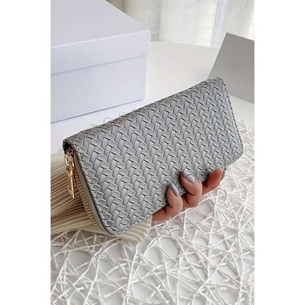 Medium Grey Woven Textured Zip Around Long Wallet