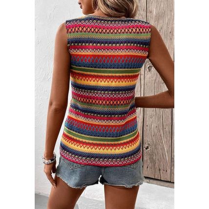 Yellow Ethnic Wavy Pattern Round Neck Sleeveless Top