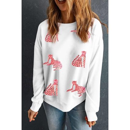 Beige Sequin Cheetah O Neck Drop Shoulder Sweatshirt