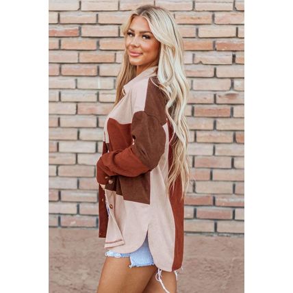 Cinnamon Colorblock Curved Hem Corduroy Shacket with Pocket