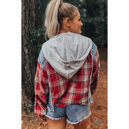 Beau Blue Plaid Print Patchwork Hooded Raw Hem Denim Jacket