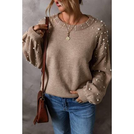 Smoke Gray Pearled Drop Shoulder Round Neck Sweater
